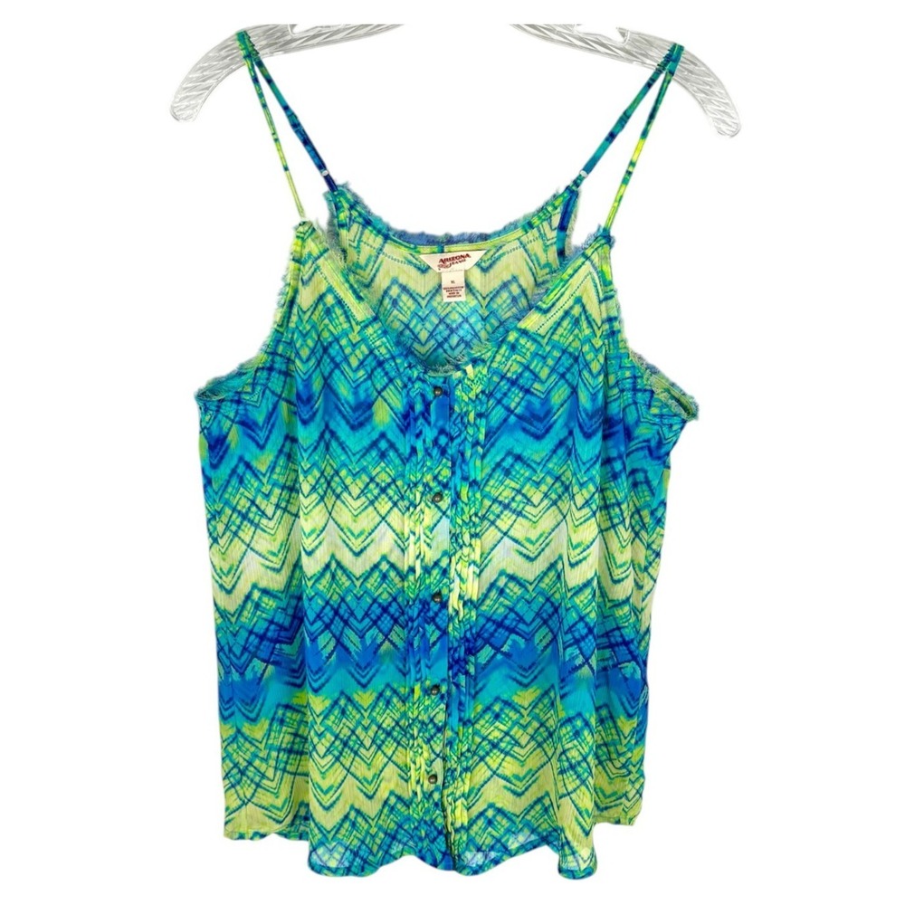 Vtg Arizona Jean Co Georgette Cami Top Blue Green Chevron Fringe Boho Chic XL‎